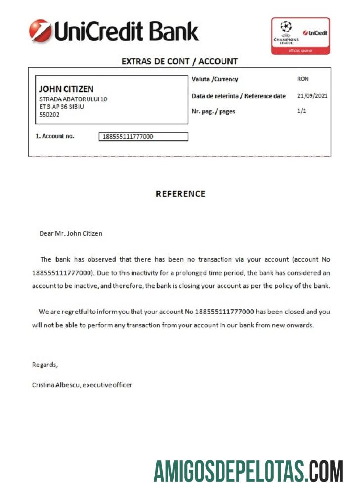 Referência de encerramento do banco UniCredit da Romênia baixar para verificação